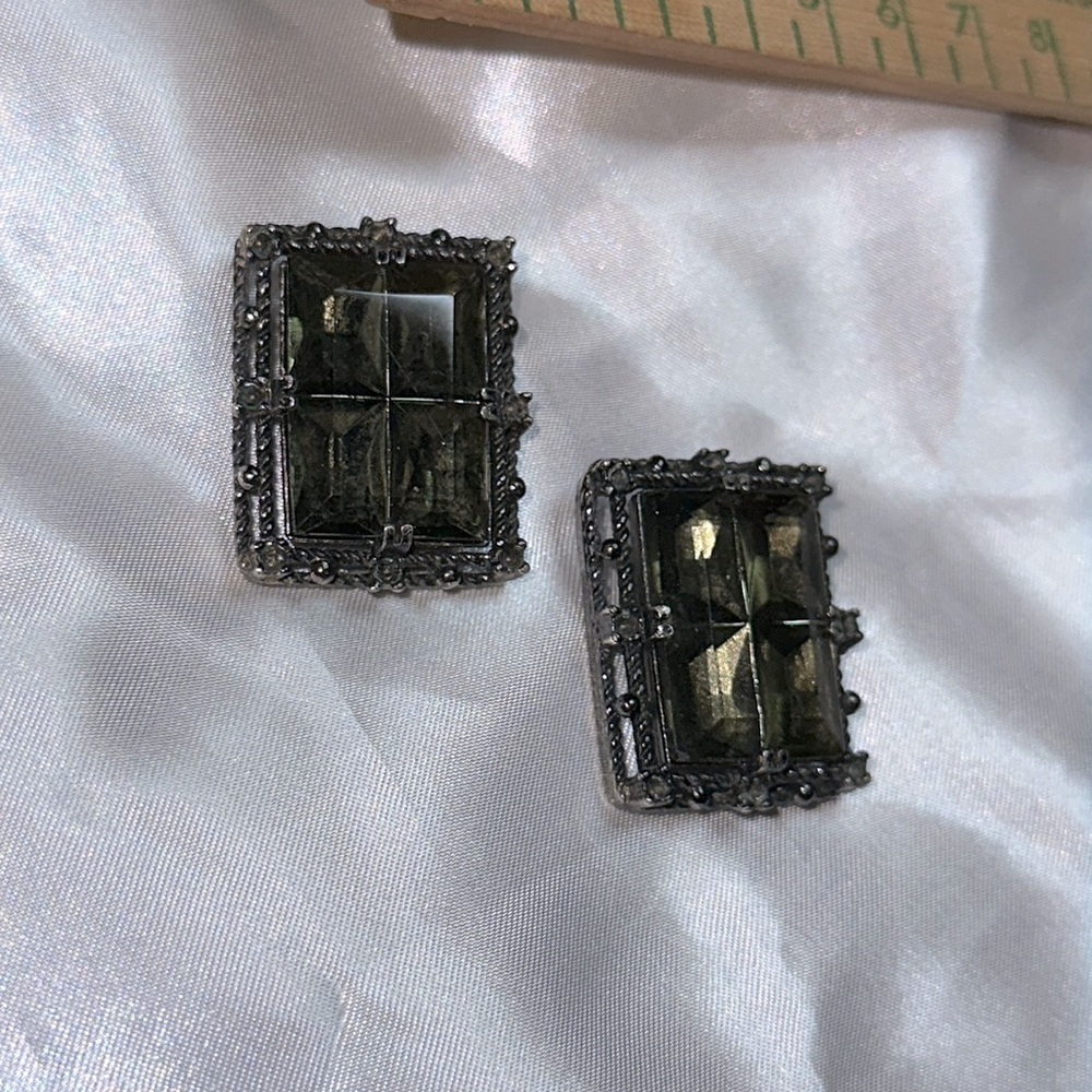 Vintage Classic Cut Crystal Old Clip on earrings - Very Dark Faceted Green Stone